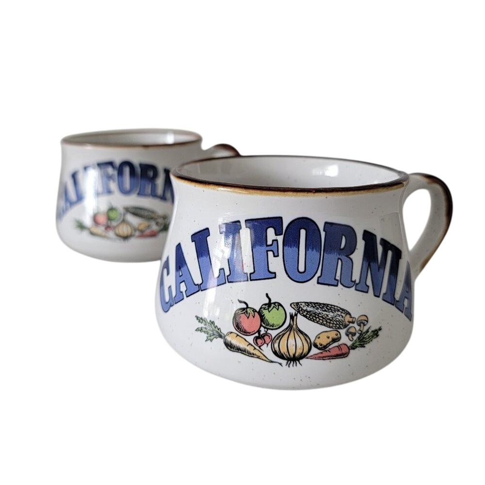 Vintage California Soup Mugs Set of 2 Retro Fruit Motif Oversized Ceramic Bowls